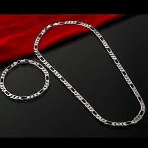 Sterling Silver Figaro 4mm Necklace Bracelet Matching Chain Link Unisex Set